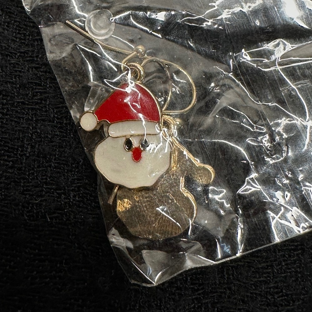 Christmas Santa Face Dangle Earrings Gold Tone Holiday Enamel Cute